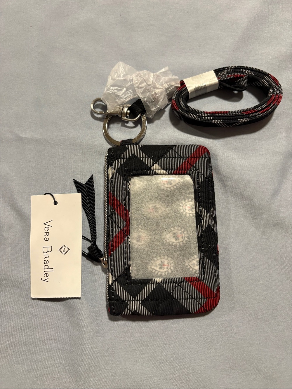 Vera Bradley Black Red & Gray Plaid Zip ID Lanyard Wallet Fireplace Plaid